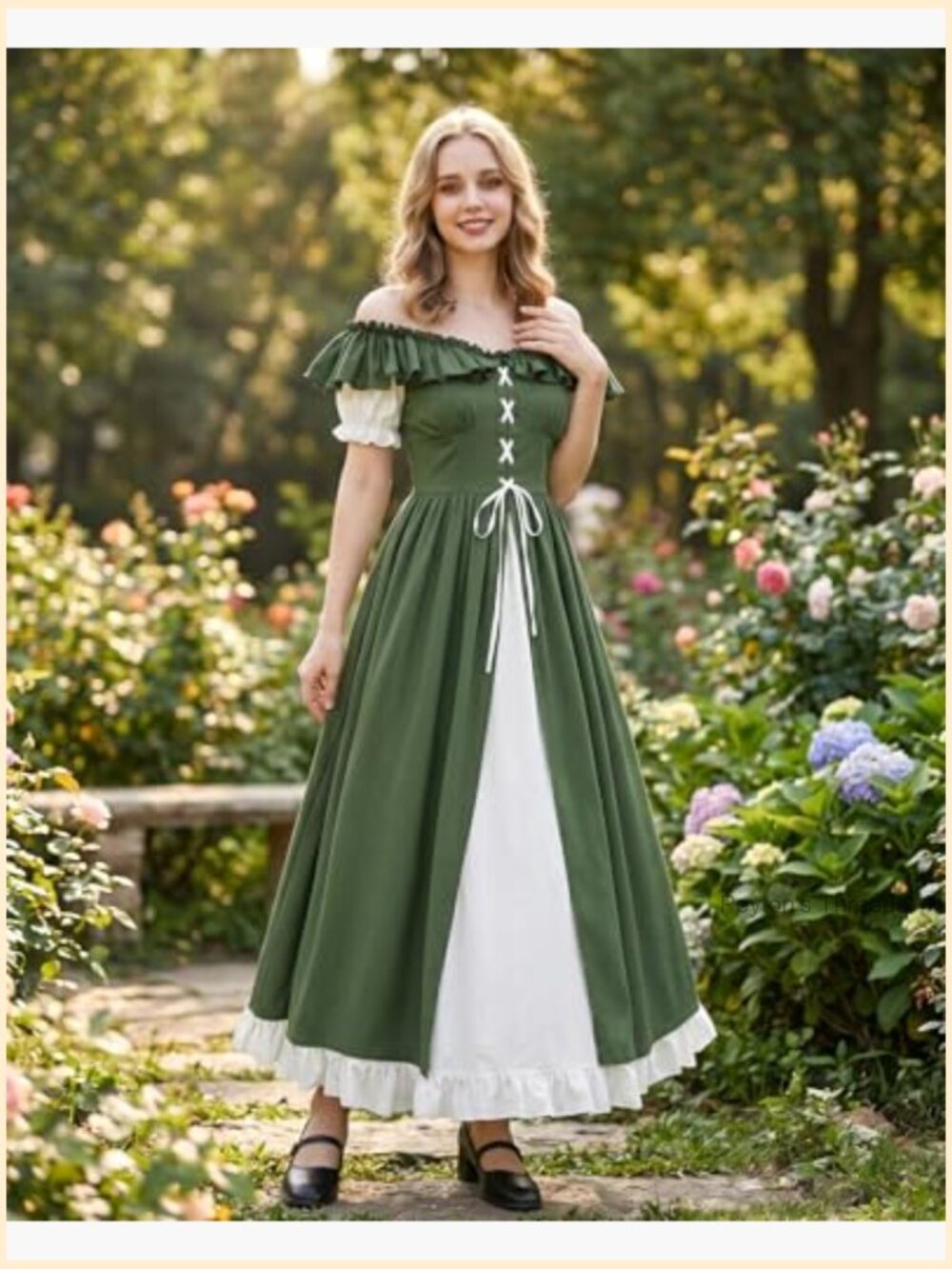 Renaissance Dress Women Medieval Costume Lace Up Puff Sleeves Maxi Ren Faire - Picture 2 of 7